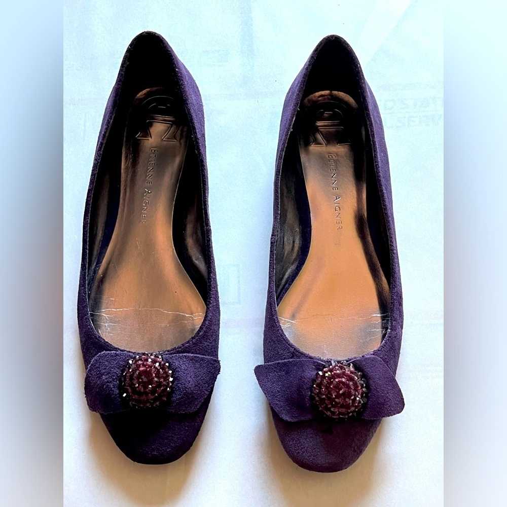 Etienne Aigner Purple Suede Slip On With Bling Flower Ballet Flats Wmns Sz 8.5M